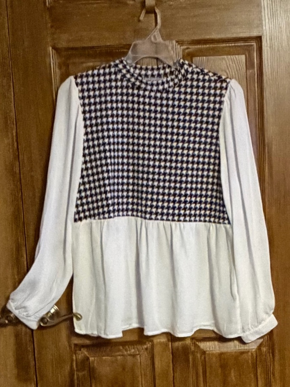 Absolutely Famous Black & White Houndstooth Panel Long-Sleeve Blouse Size XL